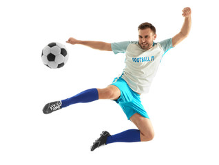 Naklejka na ściany i meble Young man playing football on white background