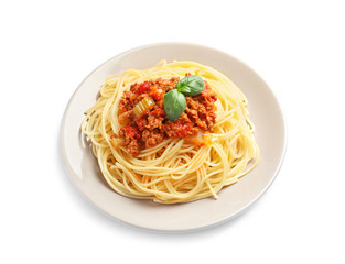 Plate with delicious pasta bolognese on white background