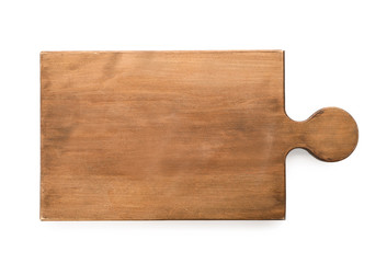 Wooden board on white background, top view. Kitchen accessory