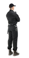 Male security guard in uniform on white background