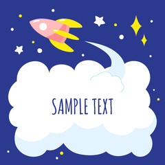 Background with cartoon space rocket and cloud of exhaust, space for text.