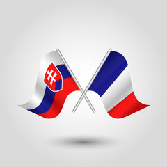 vector two crossed slovak and french flags on silver sticks - symbol of slovakia and france