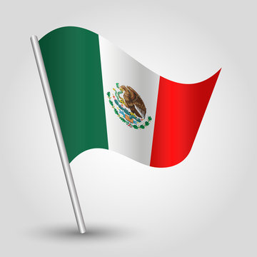 vector waving simple triangle mexican flag on slanted silver pole - icon of mexico with metal stick