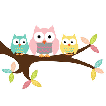 Owl Mom, boy and girl on a branch