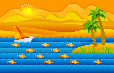 Fototapeta na wymiar Paper art cut out style summer landscape with sea waves, sailboat, sand iland and palm leaves. Retro vector illustration. Fish, sun. Tropic nature background.