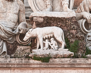Rome - The founding of Rome. Capitoline she-wolf feeding Romulus and Remus sculpture in Piazza del Popolo (People's Square), made by artist Giovanni Ceccarini in 1823