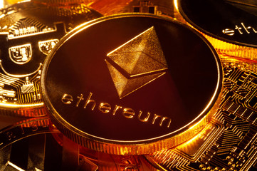 Glossy Ethereum coin. Cryptocurrency and Blockchain business concept.