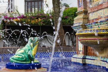 Green frog statue pours water out of its mouth into colorful fountain in Vejer white town plaza, Spain © Josu Ozkaritz