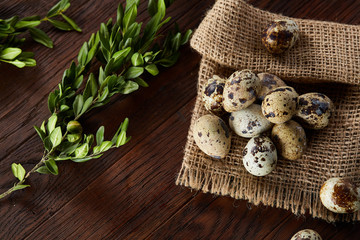 Quail eggs arranged in pyramid on a napkin with boxwood branches over a wooden table, close-up, selective focus.