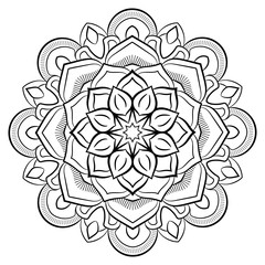Contour mandala for color book. Monochrome illustration. Symmetrical pattern in a circle. A beautiful image for scrapbook. The template for printing on fabric. Picture for meditation and relaxation.