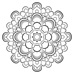 Contour mandala for color book. Monochrome illustration. Symmetrical pattern in a circle. A beautiful image for scrapbook. The template for printing on fabric. Picture for meditation and relaxation.