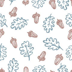 Oak leaves and acorns seamless pattern. Hand drawn autumn symbols on white background. Cute retro pattern for your design.