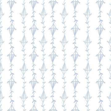 Cute Kite Seamless Pattern. Hand Drawn Doodle Kite On White Background. Tender Blue Kitsch Pattern For Your Design.