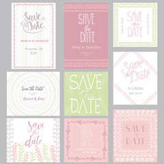 Pastel invitation templates collection isolated on background. Save the date cards with hand drawn decoration. Wedding or any event invitation design set.