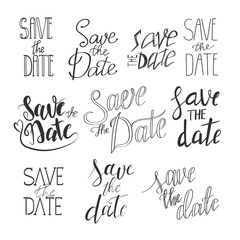 Save the date hand drawn lettering collection. Set of calligrafy text variants for invitations isolated on background.