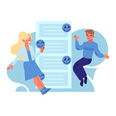 Young cheerful man, woman in casual clothing flying in blue cloud with chat clouds. Accessibility of information concept. Happy people reading and chatting, surfing the net Vector illustration