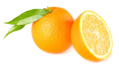 healthy food. orange with green leaf isolated on white background