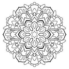 Contour mandala for color book. Monochrome illustration. Symmetrical pattern in a circle. A beautiful image for scrapbook. The template for printing on fabric. Picture for meditation and relaxation.