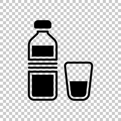 bottle of water and glass cup. simple icon. On transparent background.