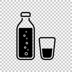bottle of water with bubbles and glass cup. simple icon. On transparent background.