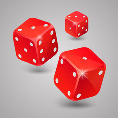 Three red game dices on grey background. Casino gambling. Craps table. JPG include isolated path