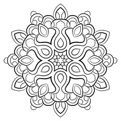 Contour mandala for color book. Monochrome illustration. Symmetrical pattern in a circle. A beautiful image for scrapbook. The template for printing on fabric. Picture for meditation and relaxation.