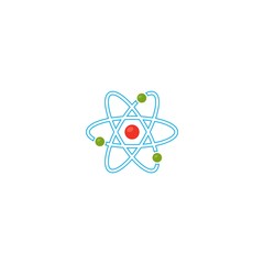 Vector illustration. Atom icon. Proton and electron and orbits. Colour outline icon. Science icon.