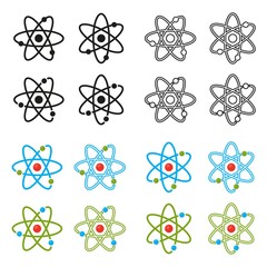 Vector illustration. Atom icons set. Proton and electron and orbits. Colour and black outline icons set. Science icon.