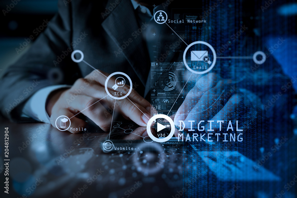 Poster businessman hand using mobile phone with digital layer effect as business strategy concept