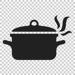 Cooking pan icon in flat style. Kitchen pot illustration on isolated transparent background. Saucepan equipment business concept.