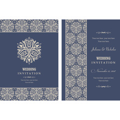 Wedding invitation cards  baroque style blue and beige. Vintage  Pattern. Retro Victorian ornament. Frame with flowers elements. Vector illustration.