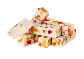 Marshmallows with marmalade isolated on white background.