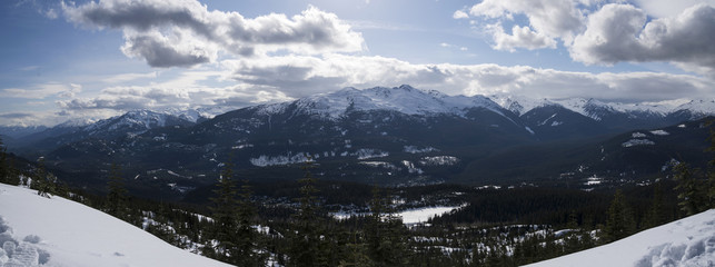 Snowy mountain trees with a view overlooking Mountains