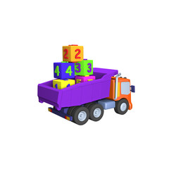 3D model of toy truck ,toy blocks pyramid of colorful cubes, illustration on a white background