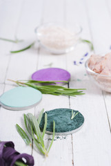 grooming products and fresh lavender bouquet on white wooden table background