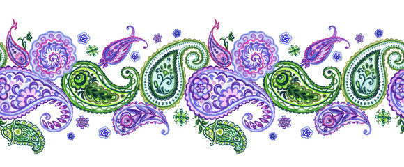 Fototapeta premium Seamless border of paisley, watercolor illustration. Traditional ornament, buta, oriental patterns.