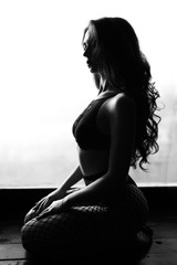 fashion studio photo of sensual brunette young woman in a sexy black lingerie. Studio shot.