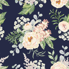 Blush cream bouquets on the navy background. Vector seamless pattern with garden flowers. Peony, lilac, fern and green leaves. Romantic illustration.