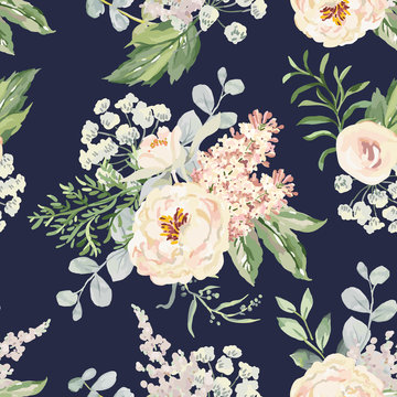 Blush Cream Bouquets On The Navy Background. Vector Seamless Pattern With Garden Flowers. Peony, Lilac, Fern And Green Leaves. Romantic Illustration.