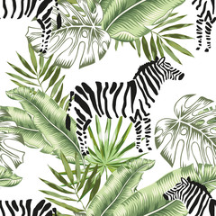 Fototapeta premium Zebra animals and green banana, monstera palm leaves background. Vector floral seamless pattern. Tropical jungle foliage illustration. Exotic plants greenery. Summer beach design. Paradise nature.