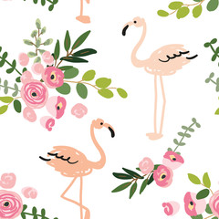 Floral bouquets and blush pink flamingo on the white background. Vector seamless pattern with tropical birds and flowers. Exotic summer beach.

