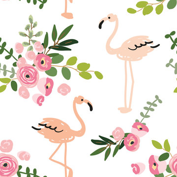 Floral bouquets and blush pink flamingo on the white background. Vector seamless pattern with tropical birds and flowers. Exotic summer beach.

