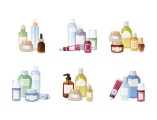 Bottles of cosmetic cosmetology lotion makeup beauty plastic liquid cream container fluid pack vector illustration.