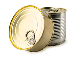 Two iron canned food on a white, close up.