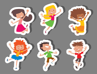 Happy children in different positions big vector jumping cheerful child group and funny cartoon kids joyful team laughing little people characters.