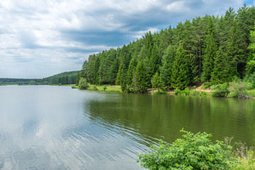 Pond and spruce forest growing on the shore in rural areas in Udmurtia, in Russia