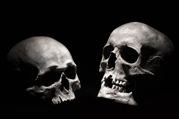 Human skulls on a black background. Drama concept