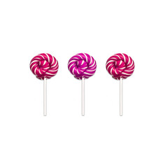 Lollipops Flat lay Minimal concept Three classic round lollipops are lying in a row on white...
