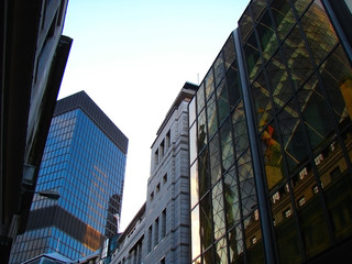 City of London, England: skyscraper district (bottom view) at sunset