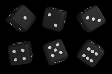Set of black dice with white dots isolated on black